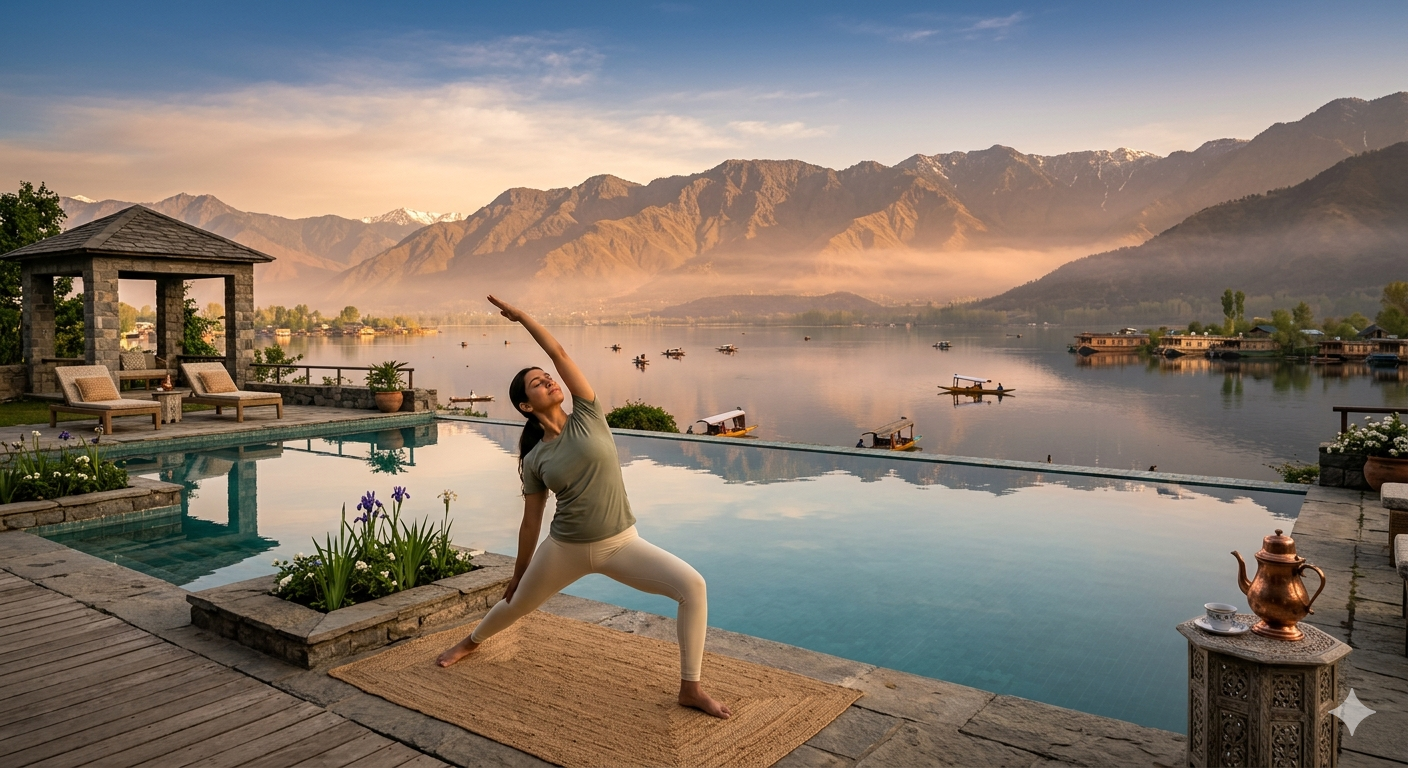 Home Kashmir Luxury Wellness Retreat Infinity Pool With Yoga At Qayaam Gah Overlooking Dal Lake And Mountains